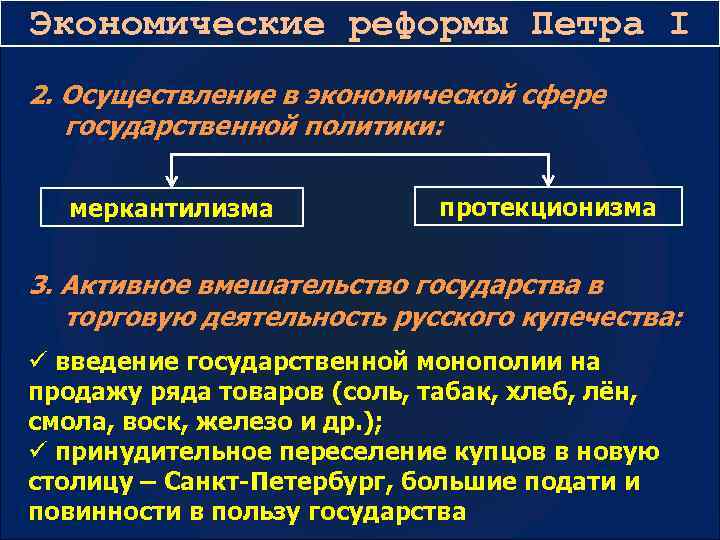 Экономические реформы Петра I 2. Осуществление в экономической сфере государственной политики: меркантилизма и протекционизма