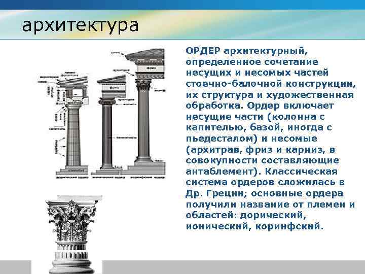 архитектура v ОРДЕР архитектурный, определенное сочетание несущих и несомых частей стоечно-балочной конструкции, их структура