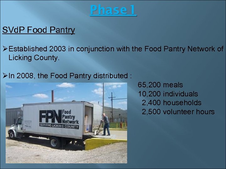 Phase 1 SVd. P Food Pantry ØEstablished 2003 in conjunction with the Food Pantry