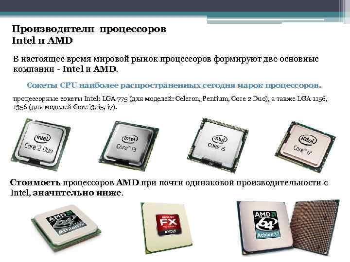 Производители процессоров Intel и AMD В настоящее время мировой рынок процессоров формируют две основные