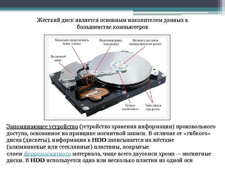 Жесткий диск является основным накопителем данных в большинстве компьютеров Запоминающее устройство (устройство хранения информации)