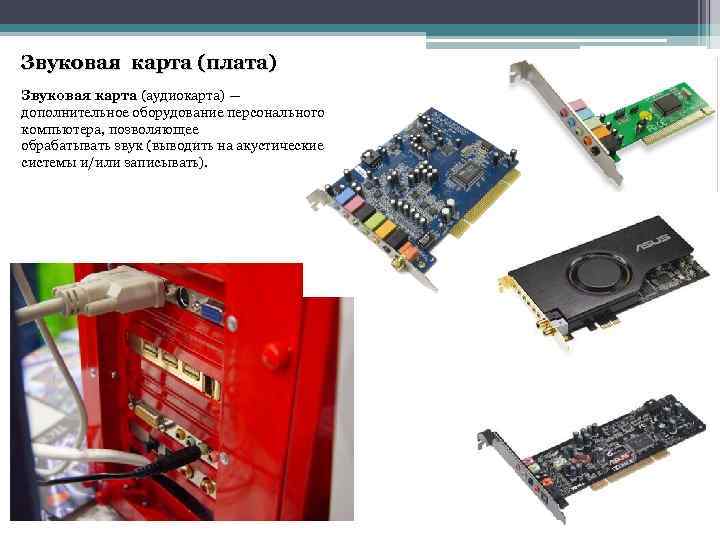 Звуковая карта (плата) Звуковая карта (аудиокарта) — дополнительное оборудование персонального компьютера, позволяющее обрабатывать звук