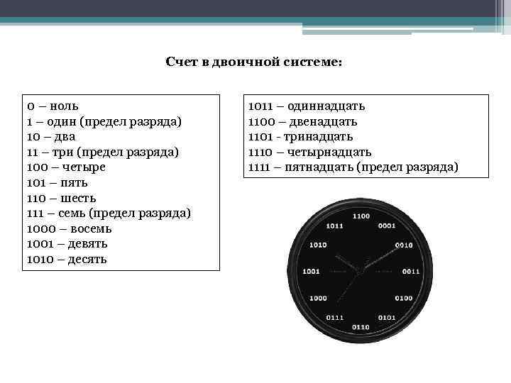 Счет в двоичной системе: 0 – ноль 1 – один (предел разряда) 10 –