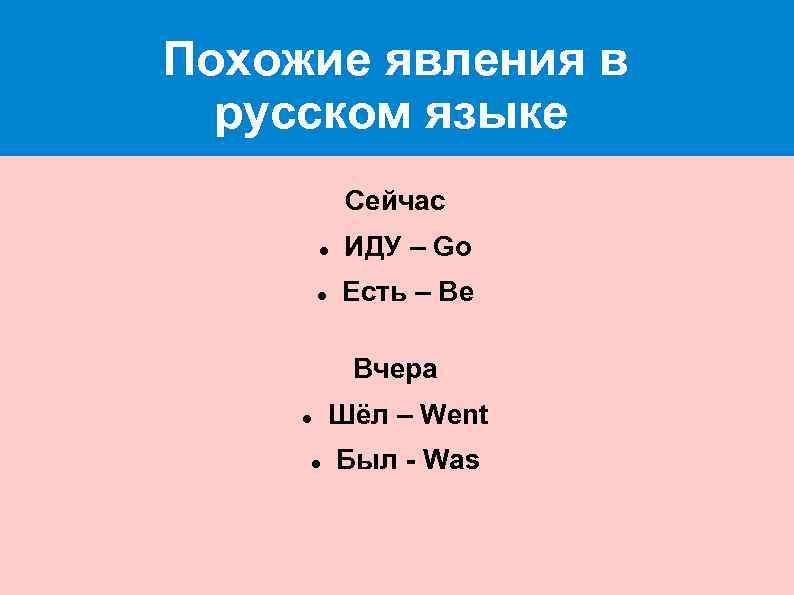 Похожие явления в русском языке Сейчас ИДУ – Go Есть – Be Вчера Шёл