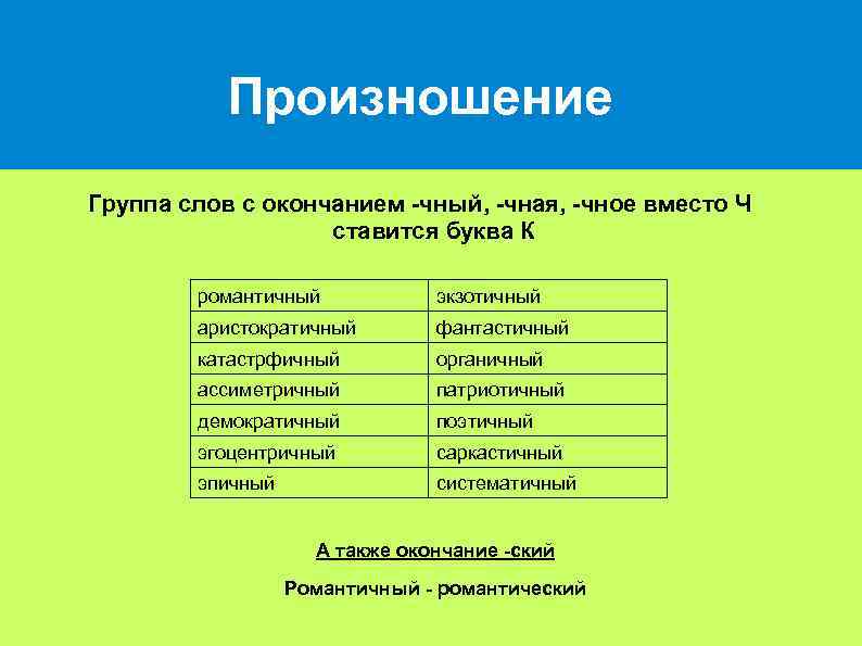Произношение Группа слов с окончанием -чный, -чная, -чное вместо Ч ставится буква К романтичный
