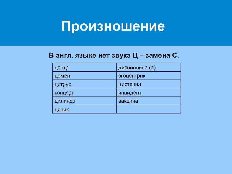Произношение В англ. языке нет звука Ц – замена С. центр дисциплина (а) цемент
