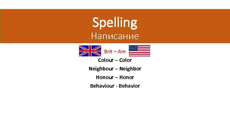 Spelling Написание Brit – Am Colour – Color Neighbour – Neighbor Honour – Honor