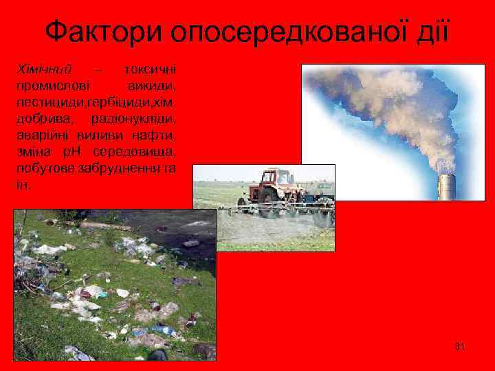 Фактори опосередкованої дії Хімічний – токсичні промислові викиди, пестициди, гербіциди, хім. добрива, радіонукліди, аварійні