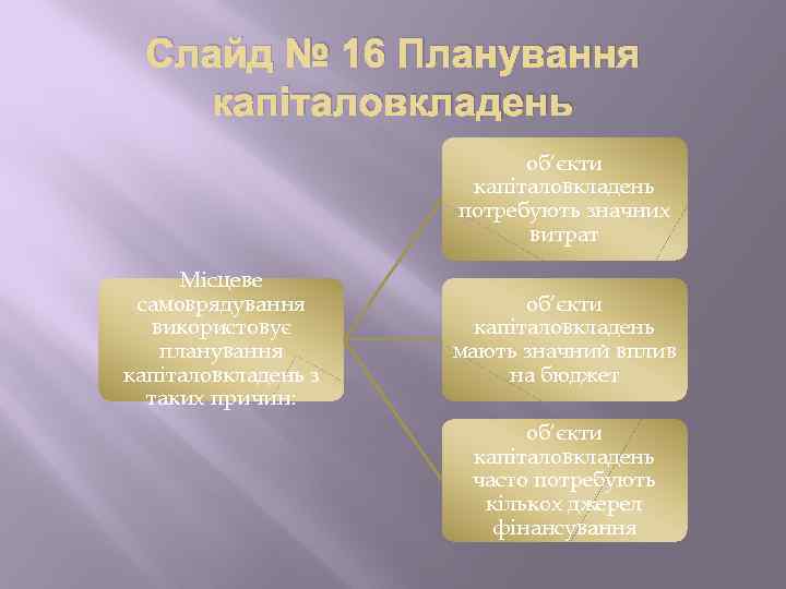 Слайд № 16 Планування капіталовкладень об’єкти капіталовкладень потребують значних витрат Місцеве самоврядування використовує планування