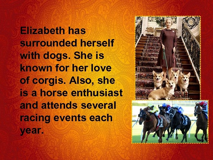 Elizabeth has surrounded herself with dogs. She is known for her love of corgis.