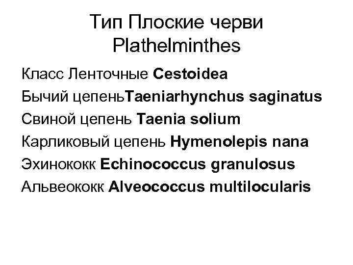 Тип Плоские черви Plathelminthes Класс Ленточные Cestoidea Бычий цепень. Taeniarhynchus saginatus Свиной цепень Taenia