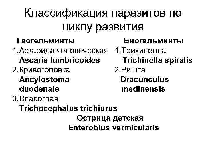 Классификация паразитов по циклу развития Геогельминты Биогельминты 1. Аскарида человеческая 1. Трихинелла Ascaris lumbricoides