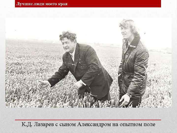 Лучшие люди моего края К. Д. Лазарев с сыном Александром на опытном поле 
