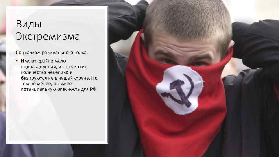 Виды Экстремизма Социализм радикального толка. • Имеют крайне мало подразделений, из-за чего их количество