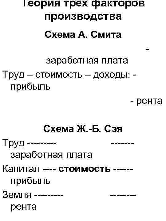 Теория трех факторов производства Схема А. Смита заработная плата Труд – стоимость – доходы: