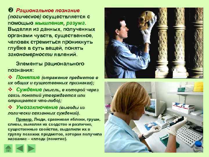  Рациональное познание (логическое) осуществляется с помощью мышления, разума. Выделяя из данных, полученных органами