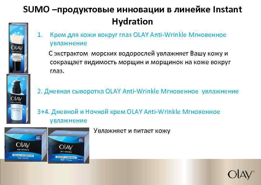 SUMO –продуктовые инновации в линейке Instant Hydration 1. Крем для кожи вокруг глаз OLAY