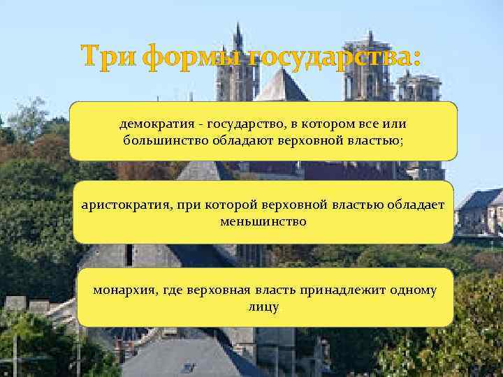 Три формы государства: демократия - государство, в котором все или большинство обладают верховной властью;