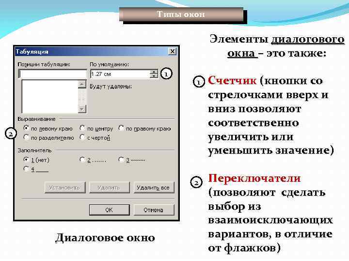Типы окон Элементы диалогового окна – это также: 1 1 2 2 Диалоговое окно