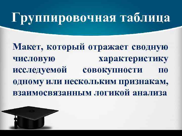 Группировочная таблица Макет, который отражает сводную числовую характеристику исследуемой совокупности по одному или нескольким