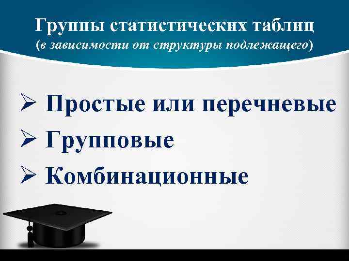 Группы статистических таблиц (в зависимости от структуры подлежащего) Ø Простые или перечневые Ø Групповые