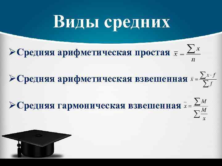  Виды средних Ø Средняя арифметическая простая Ø Средняя арифметическая взвешенная Ø Средняя гармоническая