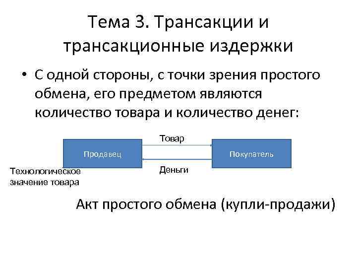 Тема 3. Трансакции и трансакционные издержки • С одной стороны, с точки зрения простого