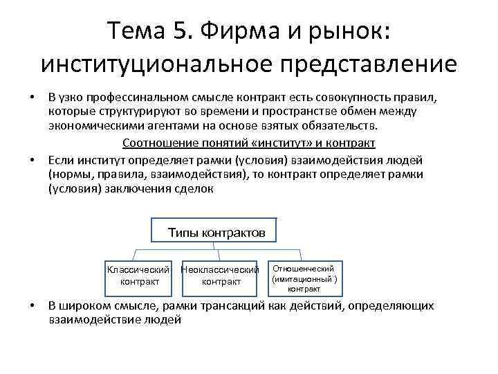 Тема 5. Фирма и рынок: институциональное представление • • В узко профессинальном смысле контракт