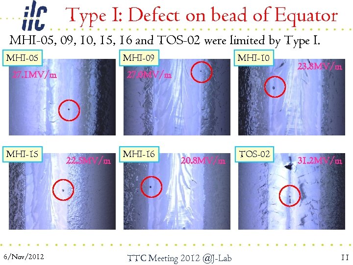 Type I: Defect on bead of Equator MHI-05, 09, 10, 15, 16 and TOS-02