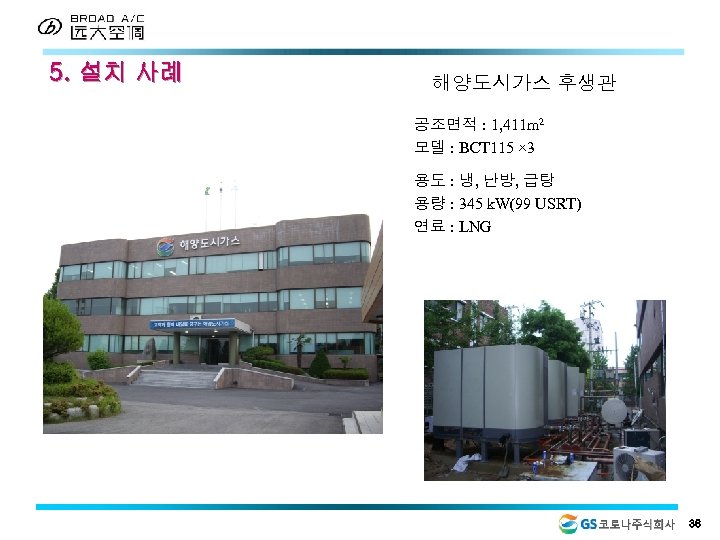 5. 설치 사례 해양도시가스 후생관 공조면적 : 1, 411 m 2 모델 : BCT