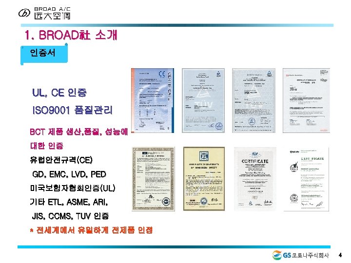 1. BROAD社 소개 인증서 UL, CE 인증 ISO 9001 품질관리 BCT 제품 생산, 품질,