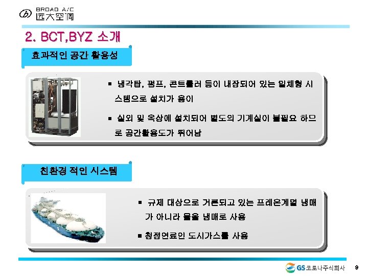 2. BCT, BYZ 소개 효과적인 공간 활용성 ¡ 냉각탑, 펌프, 콘트롤러 등이 내장되어 있는