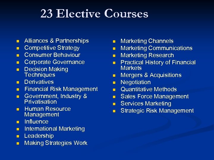 23 Elective Courses n n n n Alliances & Partnerships Competitive Strategy Consumer Behaviour