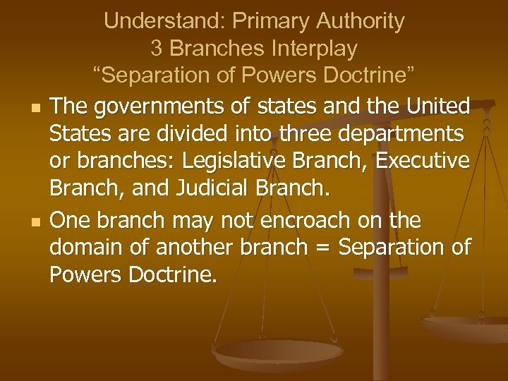 n n Understand: Primary Authority 3 Branches Interplay “Separation of Powers Doctrine” The governments