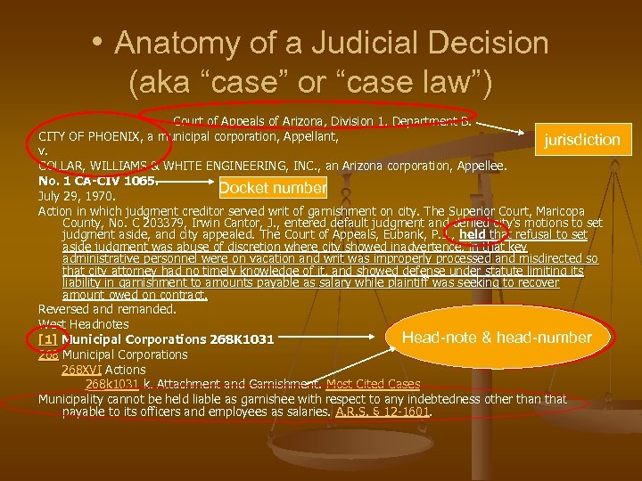  • Anatomy of a Judicial Decision (aka “case” or “case law”) Court of