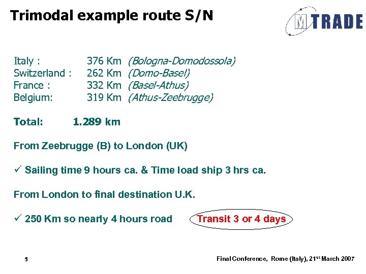 Trimodal example route S/N Italy : Switzerland : France : Belgium: Total: 376 262