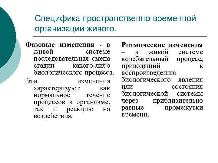 Специфика пространственно-временной организации живого. Фазовые изменения в живой системе последовательная смена стадии какого либо