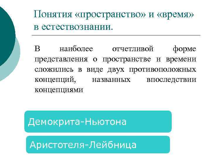 Понятия «пространство» и «время» в естествознании. В наиболее отчетливой форме представления о пространстве и