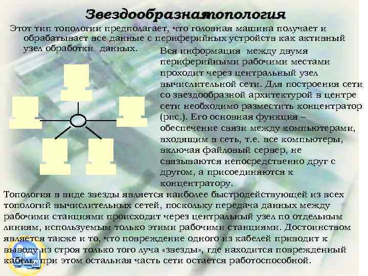 Звездообразная топология Этот тип топологии предполагает, что головная машина получает и обрабатывает все данные