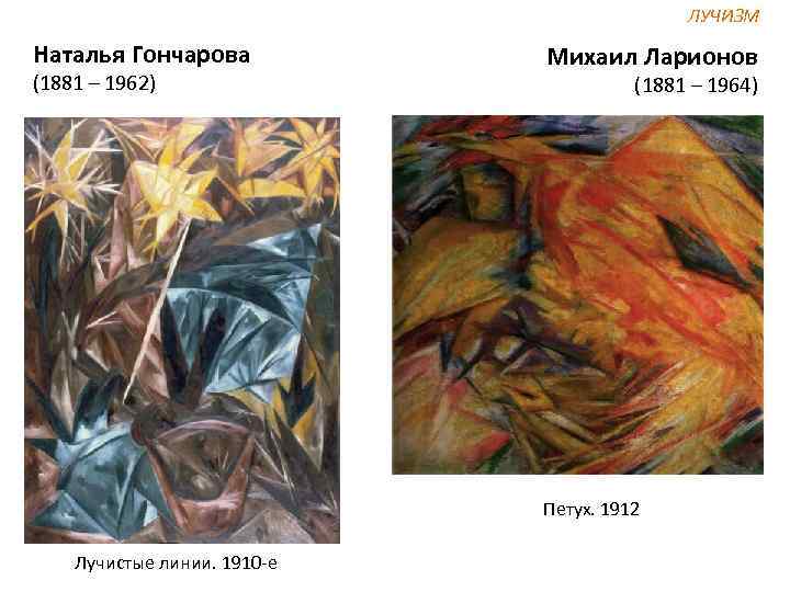 ЛУЧИЗМ Наталья Гончарова (1881 – 1962) Михаил Ларионов (1881 – 1964) Петух. 1912 Лучистые