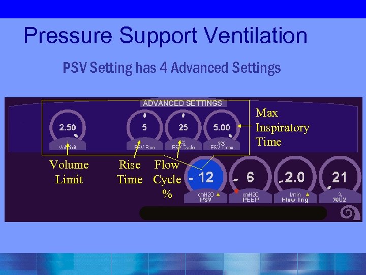 Pressure Support Ventilation PSV Setting has 4 Advanced Settings Max Inspiratory Time Volume Limit