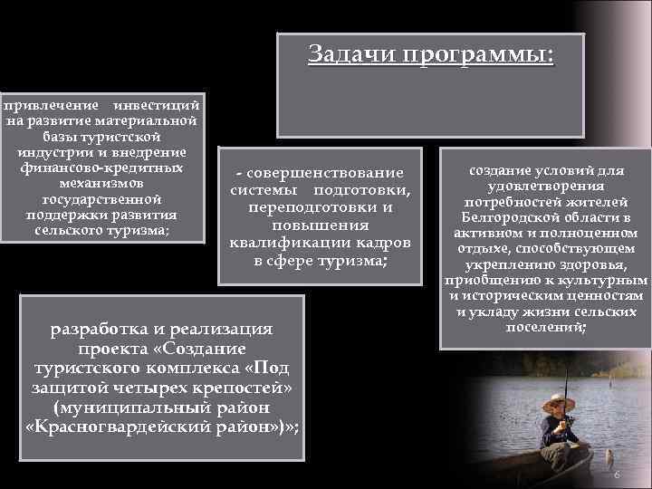 Задачи программы: привлечение инвестиций на развитие материальной базы туристской индустрии и внедрение финансово-кредитных механизмов