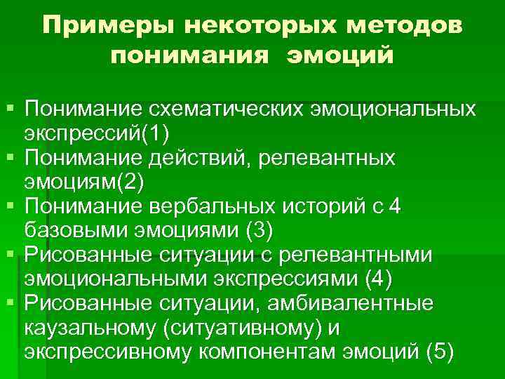 Примеры некоторых методов понимания эмоций § Понимание схематических эмоциональных экспрессий(1) § Понимание действий, релевантных