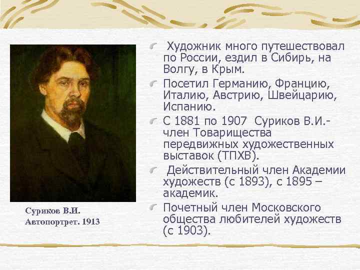 Суриков В. И. Автопортрет. 1913 Художник много путешествовал по России, ездил в Сибирь, на