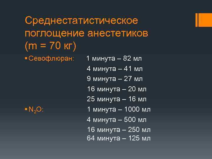 Среднестатистическое поглощение анестетиков (m = 70 кг) § Севофлюран: § N 2 O: 1