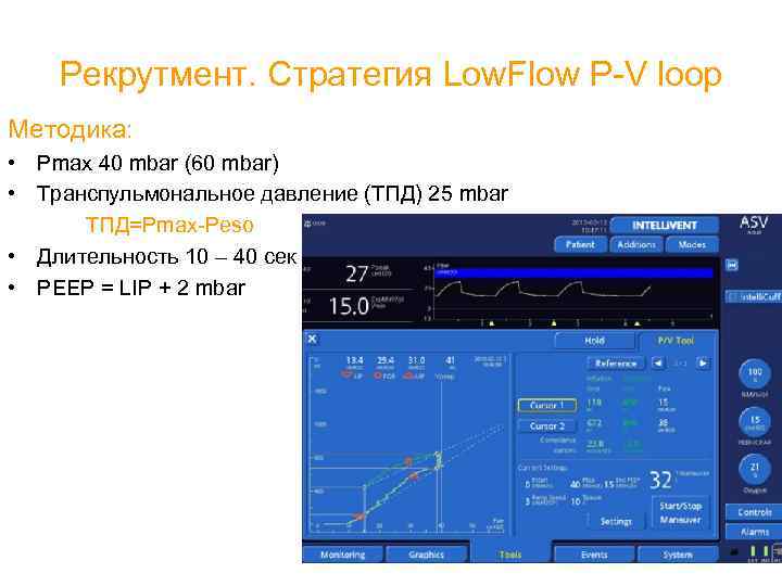 Рекрутмент. Стратегия Low. Flow P-V loop Методика: • Pmax 40 mbar (60 mbar) •