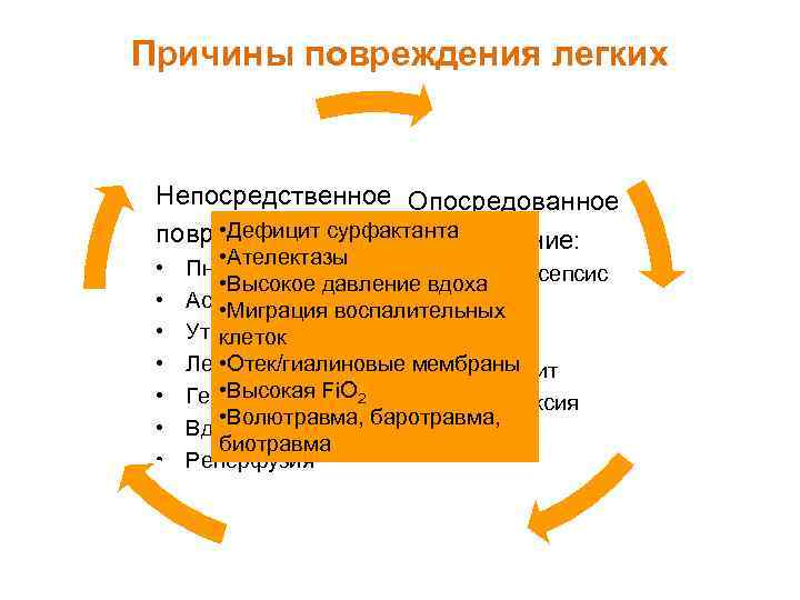 Причины повреждения легких Непосредственное Опосредованное • Дефицит повреждение: сурфактанта повреждение: • • Ателектазы Пневмония