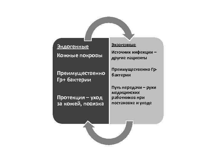 Эндогенные Кожные покровы Преимущественно Гр+ бактерии Протекция – уход за кожей, повязка Экзогенные Источник