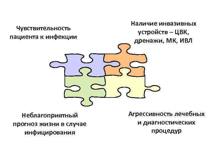 Чувствительность пациента к инфекции Неблагоприятный прогноз жизни в случае инфицирования Наличие инвазивных устройств –