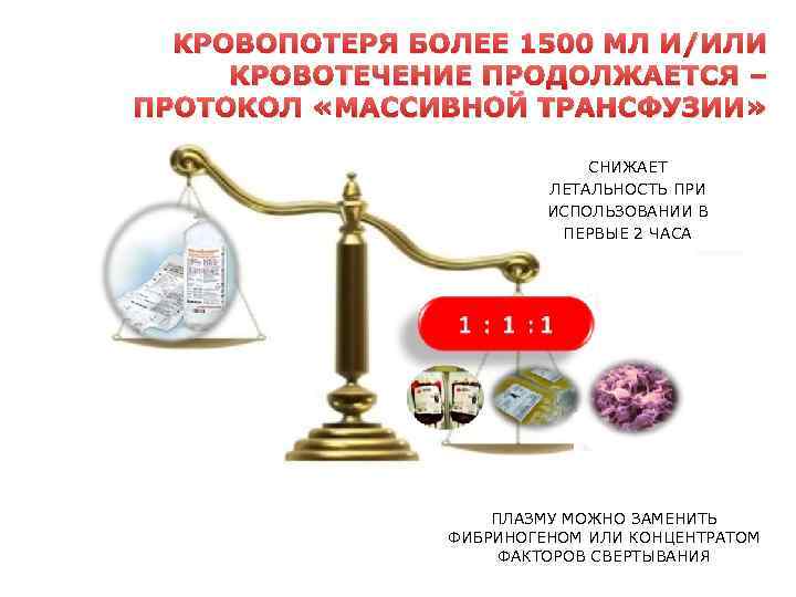 КРОВОПОТЕРЯ БОЛЕЕ 1500 МЛ И/ИЛИ КРОВОТЕЧЕНИЕ ПРОДОЛЖАЕТСЯ – ПРОТОКОЛ «МАССИВНОЙ ТРАНСФУЗИИ» СНИЖАЕТ ЛЕТАЛЬНОСТЬ ПРИ